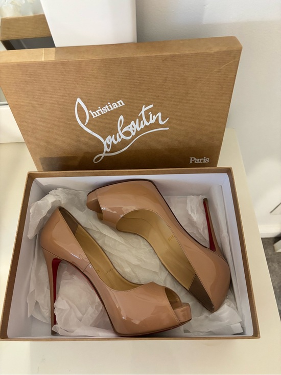 Christian Louboutin Shoes - Christian Louboutin Nude Patent Peep-Toe Pumps with Red Soles
